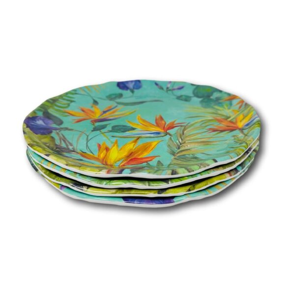 222 Fifth Dinner Plates Melamine Calabria Birds of Paradise Round Set of 4 - Picture 2 of 3
